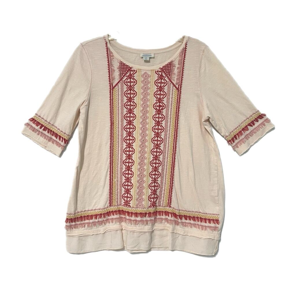 Sundance Embroidered Tunic Top Women Medium Cream Maroon Blouse Boho Fringe